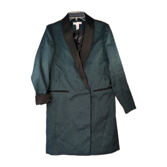 H&M Emerald Green Holiday Jacket Sz 6 Long Single Breasted Sparkle Satin Lapel - Picture 3 of 8